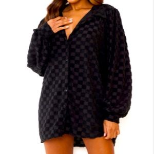 Prettylittlething Black Check Embossed Towelling Button Down Shirt Dress